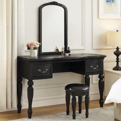 3 Piece Vanity Set with Carved Mirror and Turned Legs, Black - View 7
