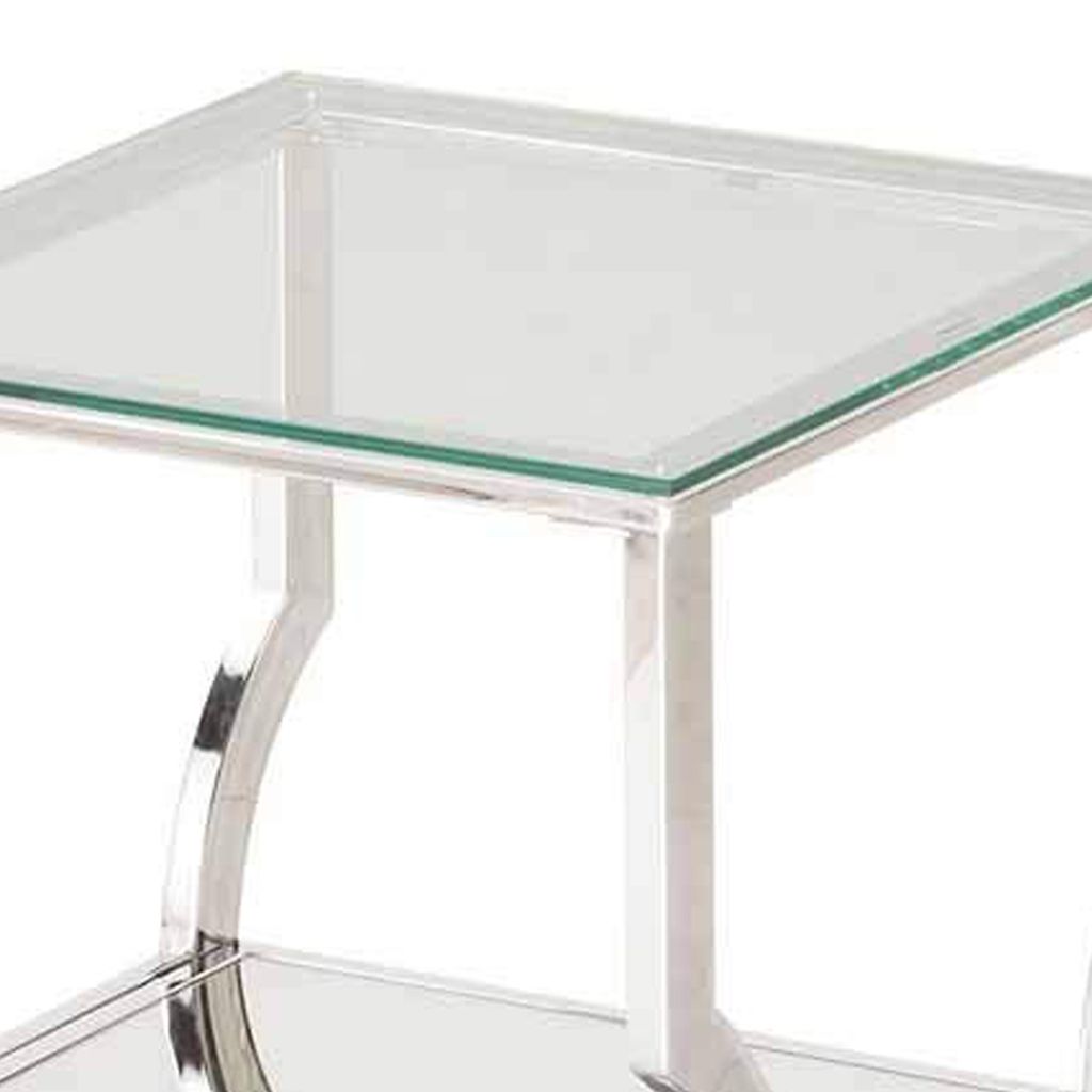 Glass Top End Table with Mirrored Bottom Shelf, Clear and Silver - View 2