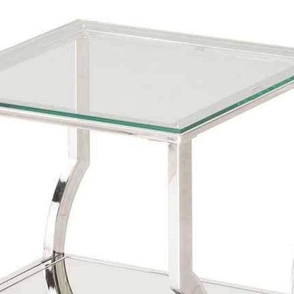 Glass Top End Table with Mirrored Bottom Shelf, Clear and Silver - View 2