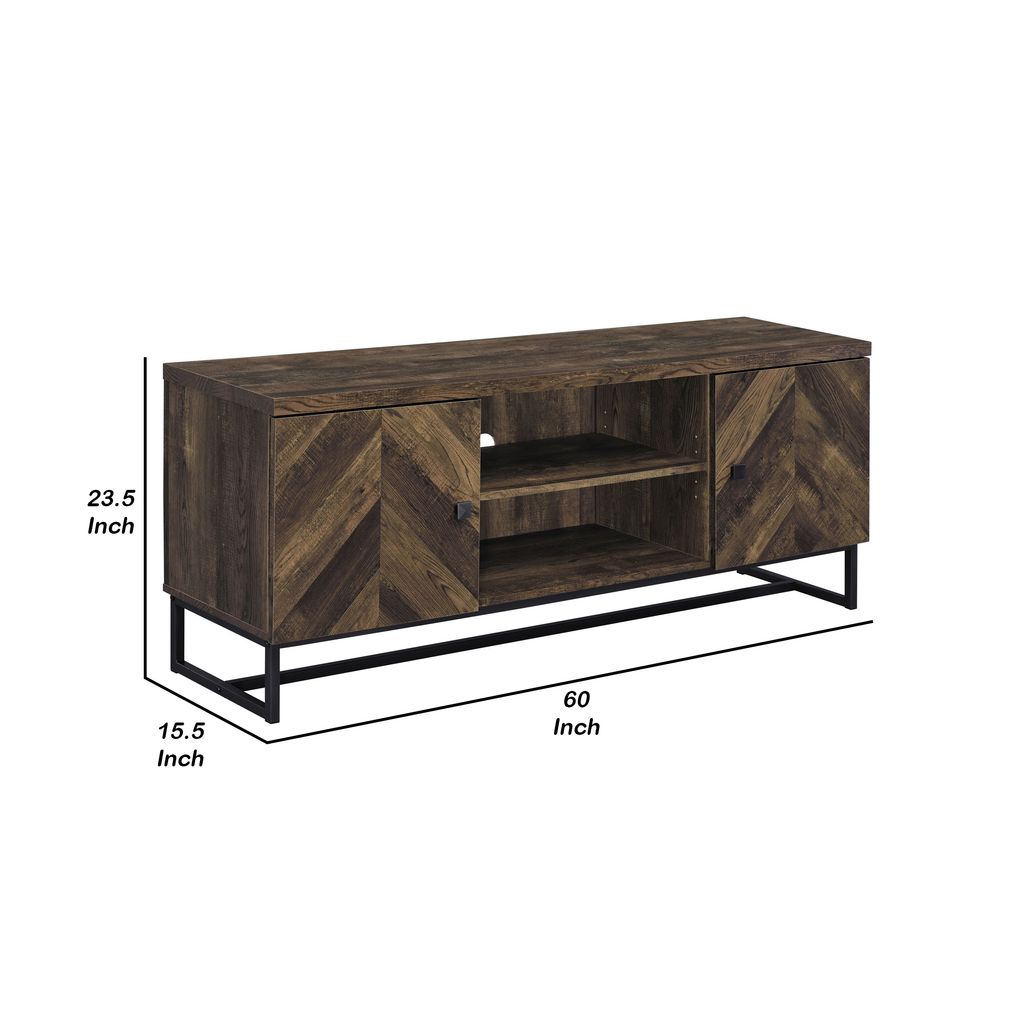 60 Inch TV Media Console Cabinet, 2 Herringbone Doors, Rustic Brown Wood - View 5