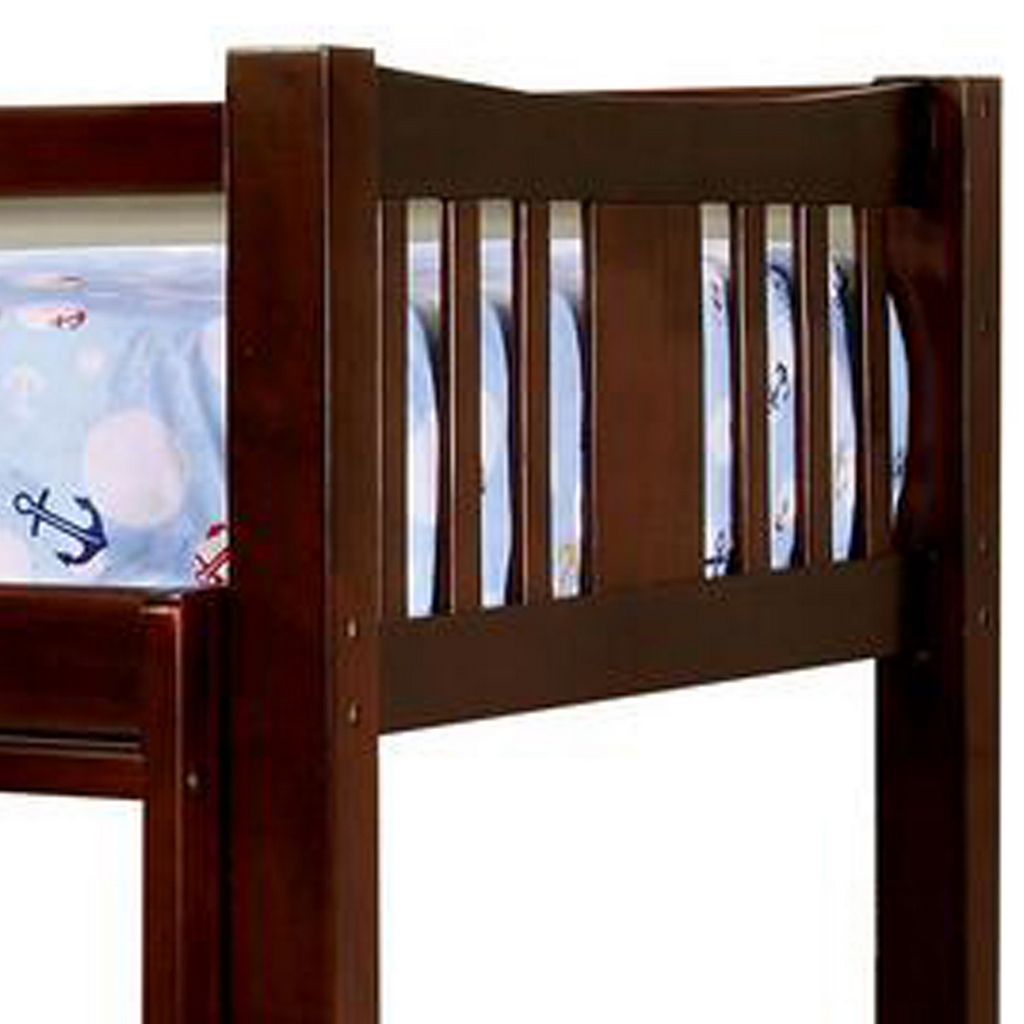 Slatted Twin Over Twin Bunk Bed with Attached Ladder, Espresso Brown - View 4
