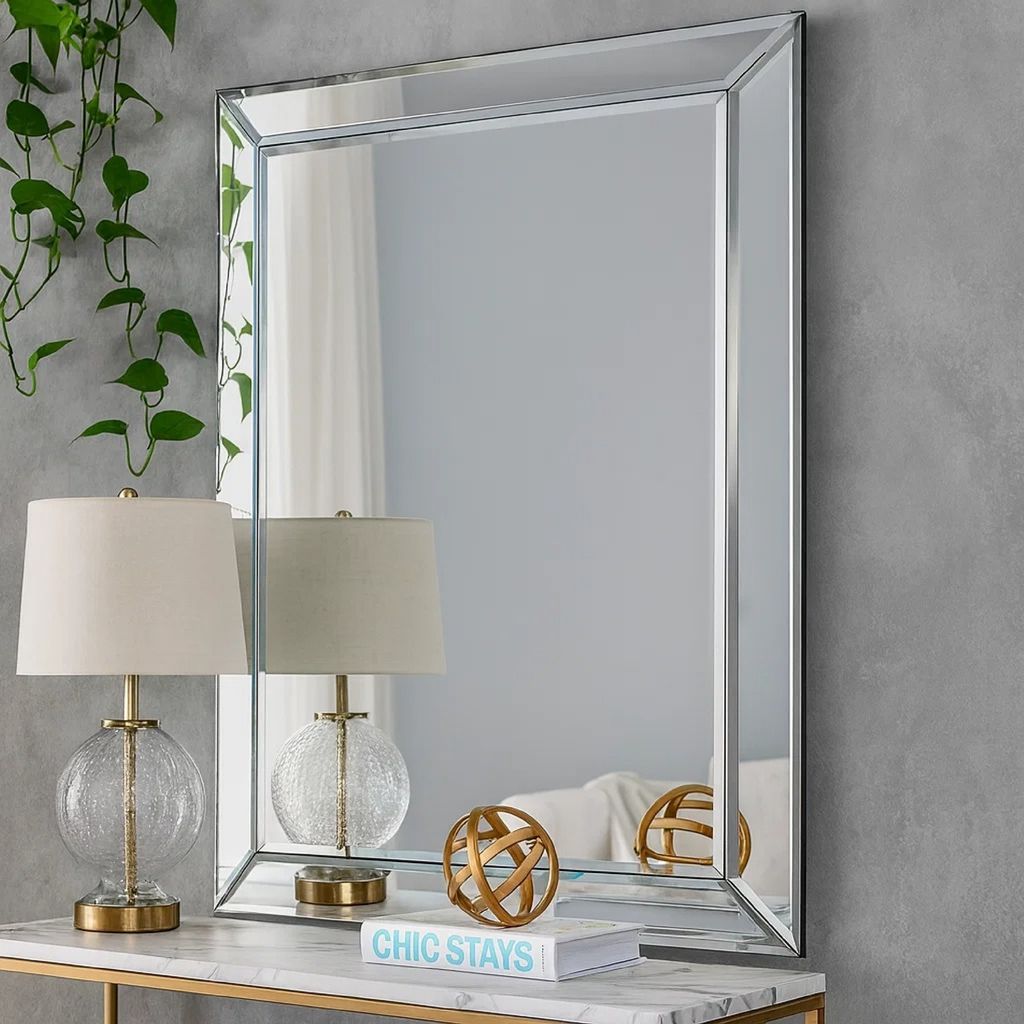 39 Inch Wood Mirror, Mirrored Frame, Beveled Panels, Silver - View 7