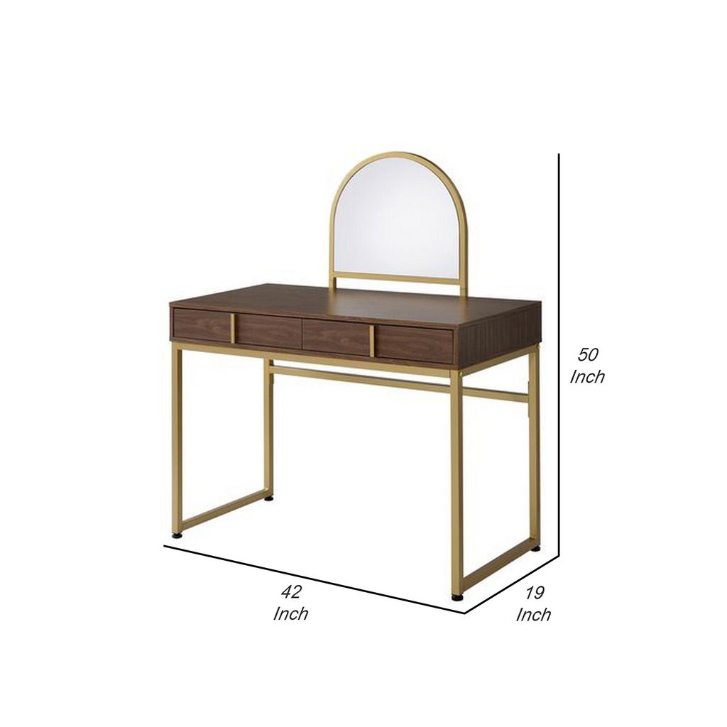 Vanity Desk with Mirror and Open Metal Frame, Brown and Gold - View 6