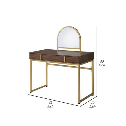 Vanity Desk with Mirror and Open Metal Frame, Brown and Gold - View 6