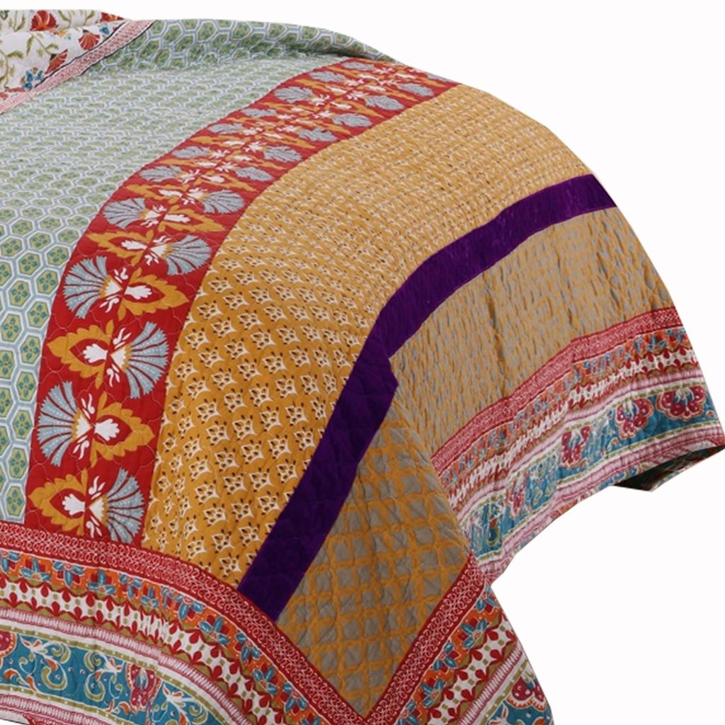 Geometric and Floral Print King Size Quilt Set with 2 Shams, Multicolor - View 3