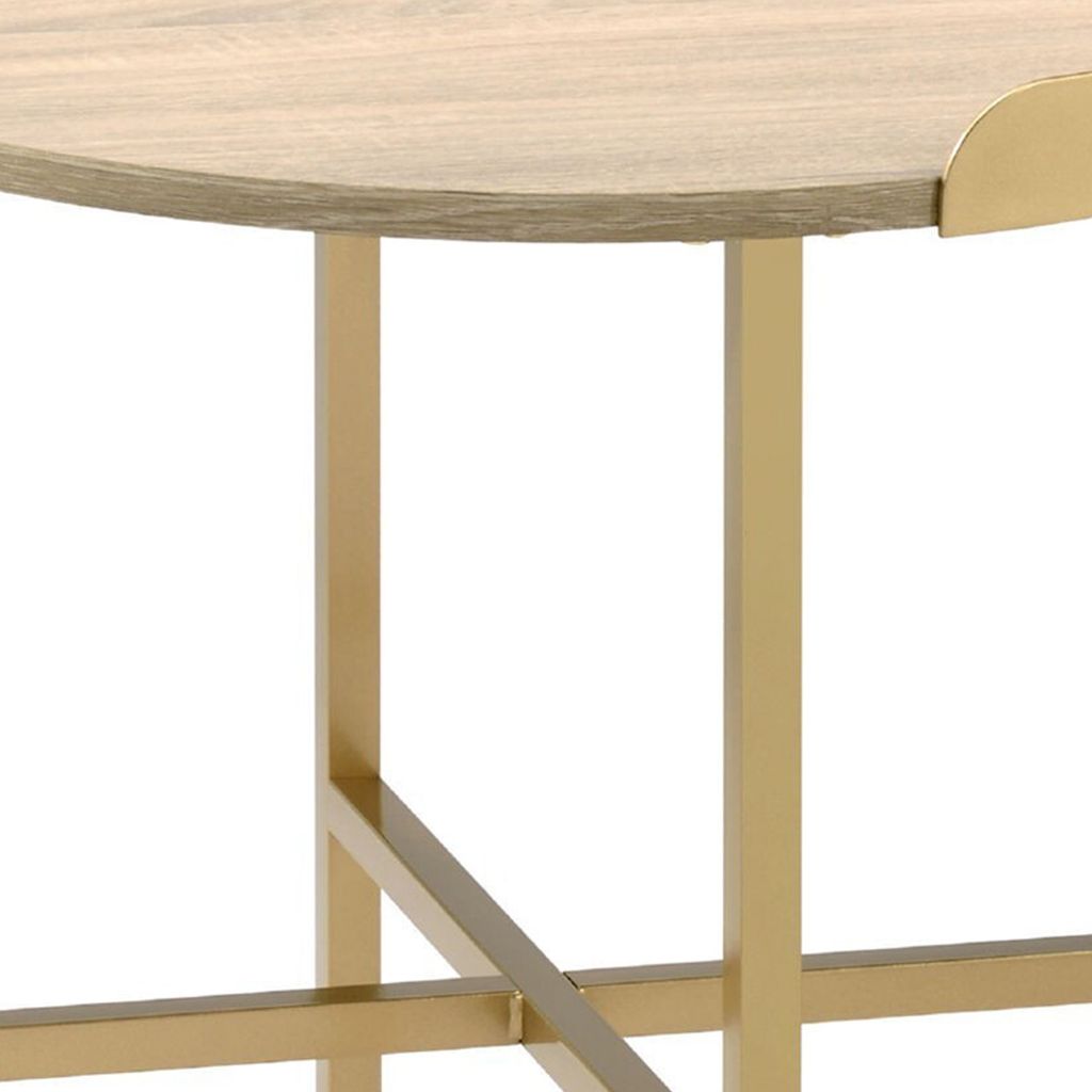 Kai 22 Inch Wood End Table, Round Tray Top, Metal Accent, Brown, Brass - View 3