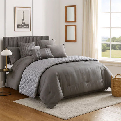 10 Piece Queen Polyester Comforter Set with Geometric Print, Gray - View 7