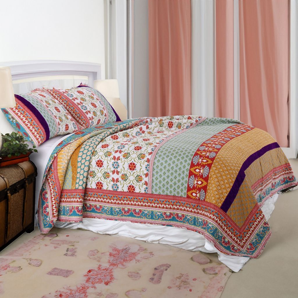 Geometric and Floral Print King Size Quilt Set with 2 Shams, Multicolor - View 6