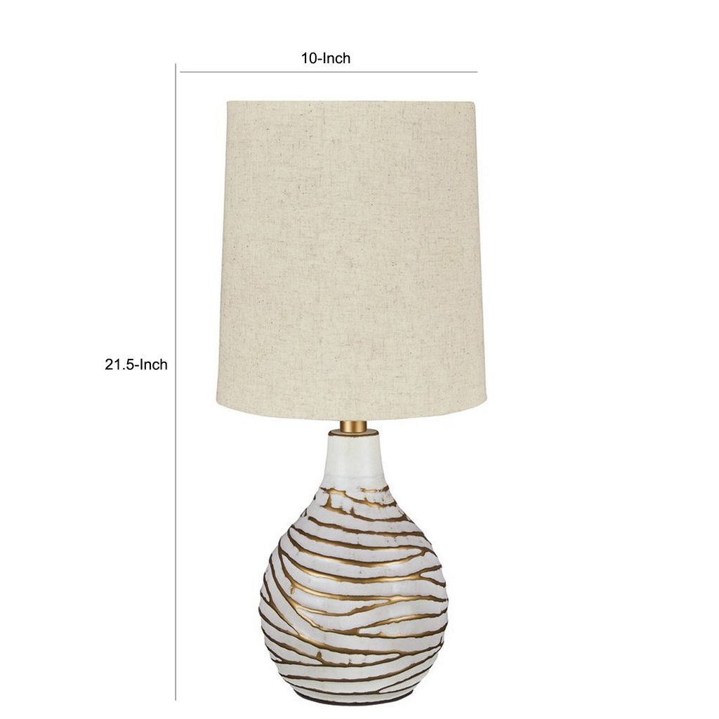 Pot Bellied Metal Table Lamp with Textured Golden Embellishment, White - View 6