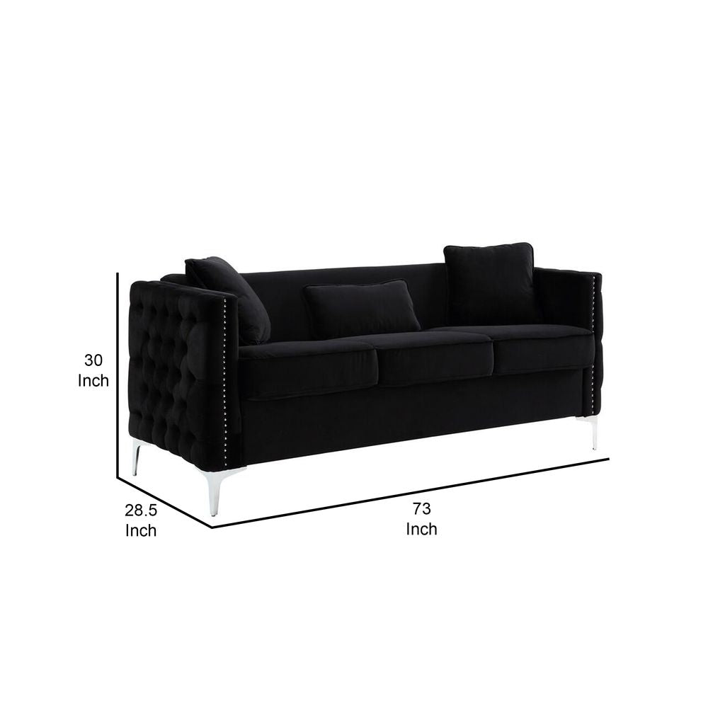 Joel 73 Inch Modern Sofa with 3 Pillows, Tufted Black Velvet, Silver Legs - View 5