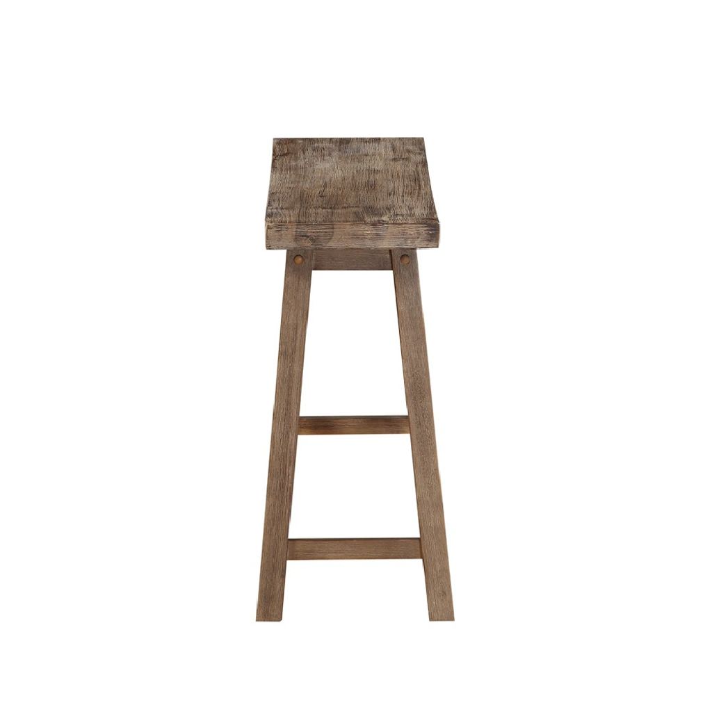 33 Inch Saddle Seat Bench with Angled Frame, Sandblasted Antique Brown Acacia Wood - View 3