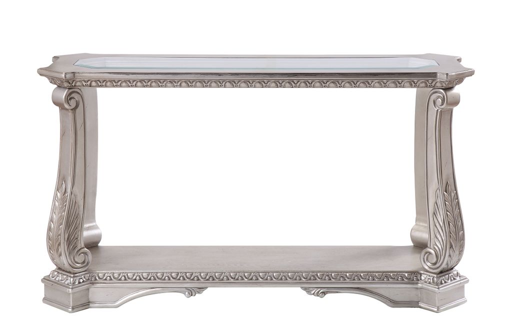 Antique Sofa Table with Polyresin Engravings and Clear Glass Top, Silver and Clear - View 2