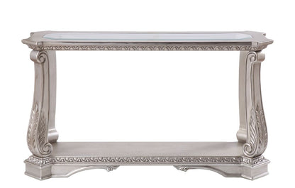 Antique Sofa Table with Polyresin Engravings and Clear Glass Top, Silver and Clear - View 2