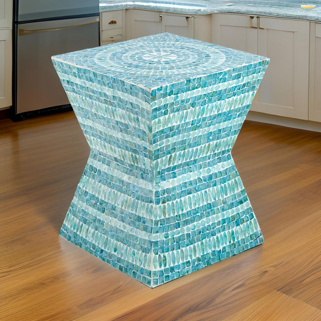 14 Inch Capiz Accent Table Stool, Blue Mosaic Geometric Hourglass Shape - View 7