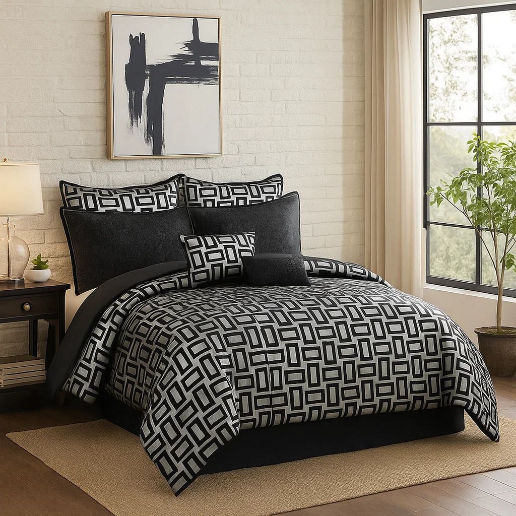 6 Piece Polyester King Comforter Set with Geometric Print, Gray and Black - View 7
