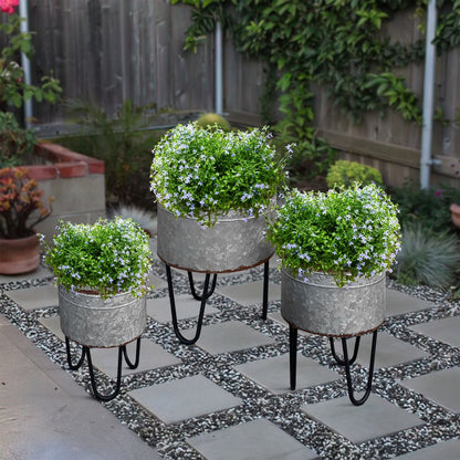 Galvanized Sheet Planter Tubs, Iron Powder Coated Hairpin Legs, Set of 3, Gray, Black - View 7