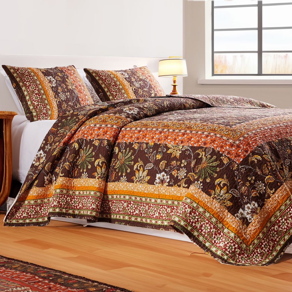 Dill 2 Piece Twin Quilt Set, Bohemian, Jacobean Floral Print, Brown, Orange - View 7