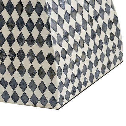 17 Inch Modern Hexagonal Table Stool, Capiz Inlaid Platform, White, Black - View 3