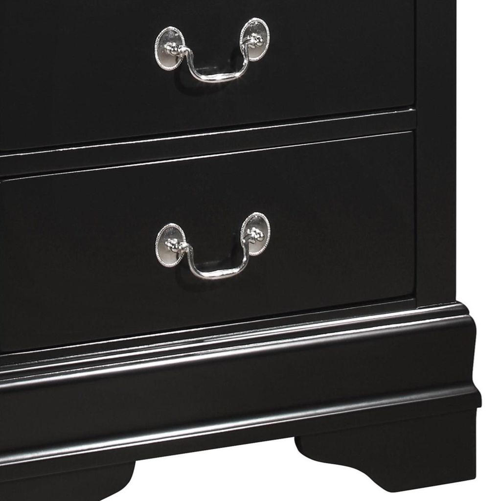 2 Drawer Wooden Frame Nightstand with Antique Metal Pulls, Black - View 2