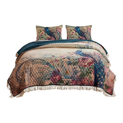 Ufa 36 Inch Quilted King Pillow Sham, Peacock Print, Vermicelli Stitching - View 4