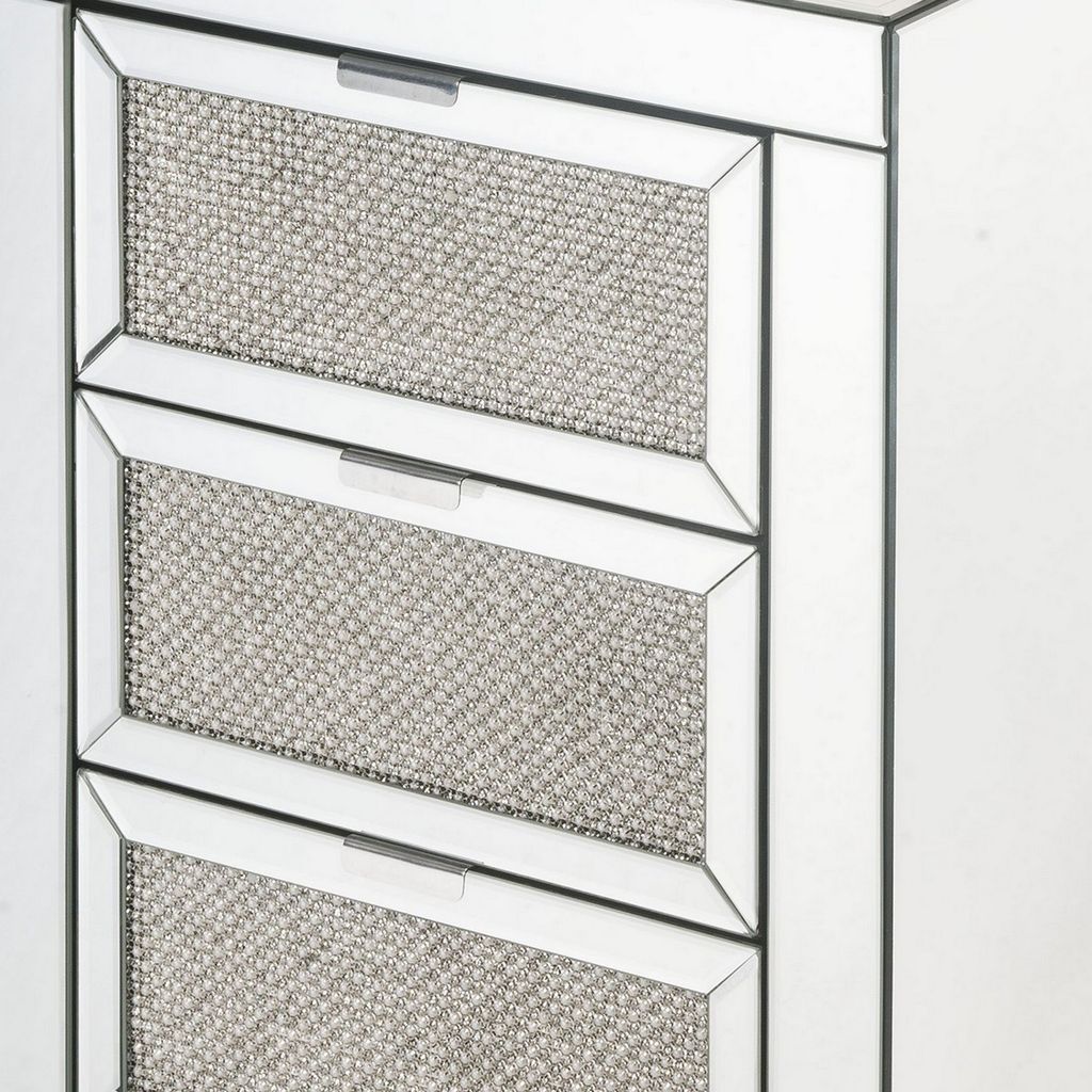 3 Drawer Beveled Mirrored Accent Table with Faux Diamond Inlay, Silver - View 4