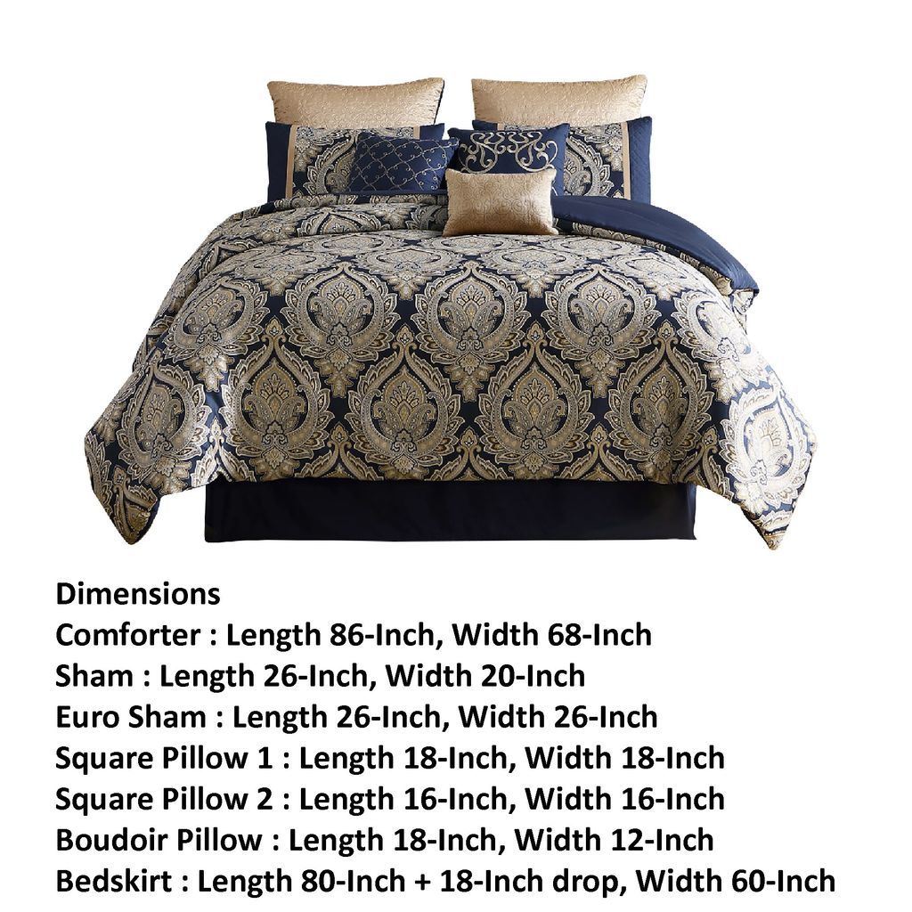 Nova 9 Piece Polyester Queen Comforter Set, Gold Damask Print, Navy Blue - View 6