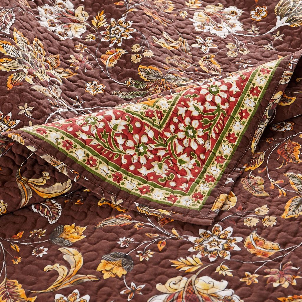 Dill 2 Piece Twin Quilt Set, Bohemian, Jacobean Floral Print, Brown, Orange - View 4