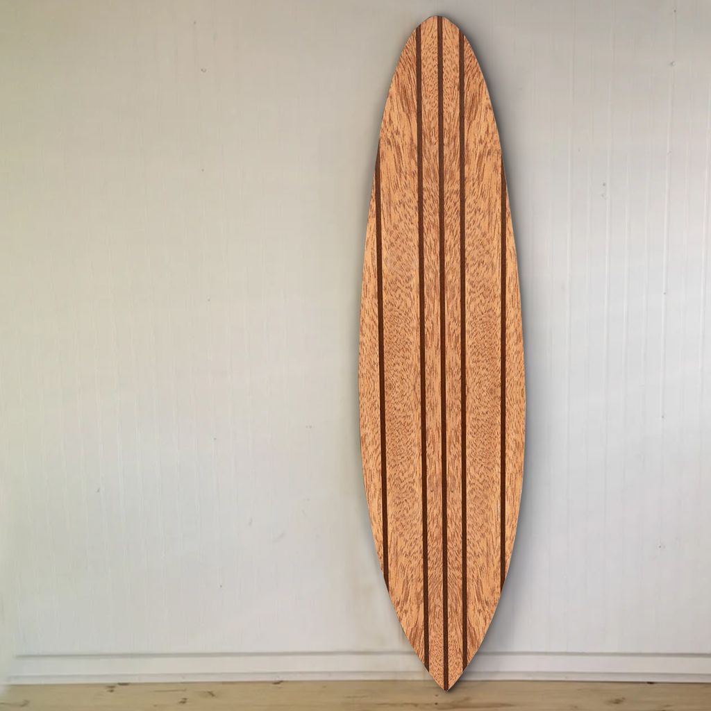 Contemporary Wooden Surfboard Wall Art with Block Stripe Print, Brown - View 6