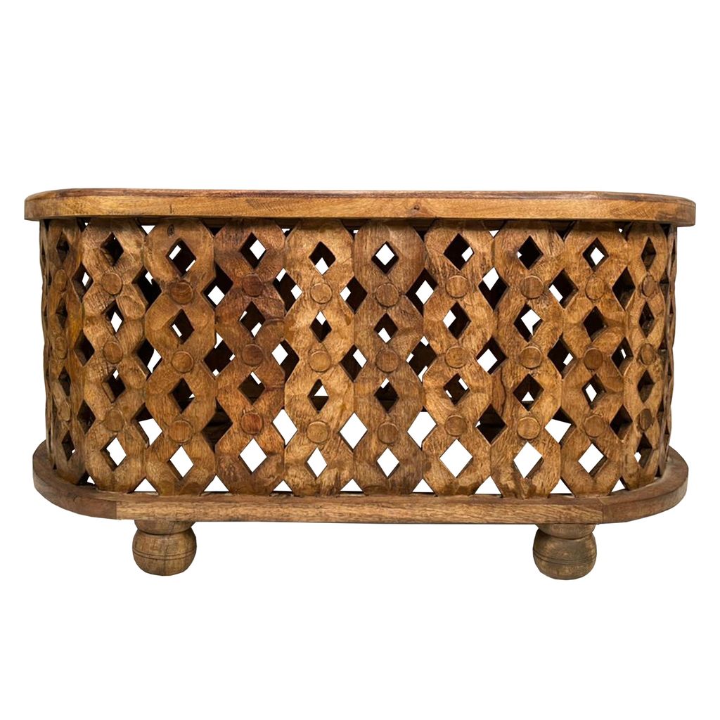 36 Inch Handcrafted Oval Coffee Table, Intricate Cutout Design, Antique Brown - View 2