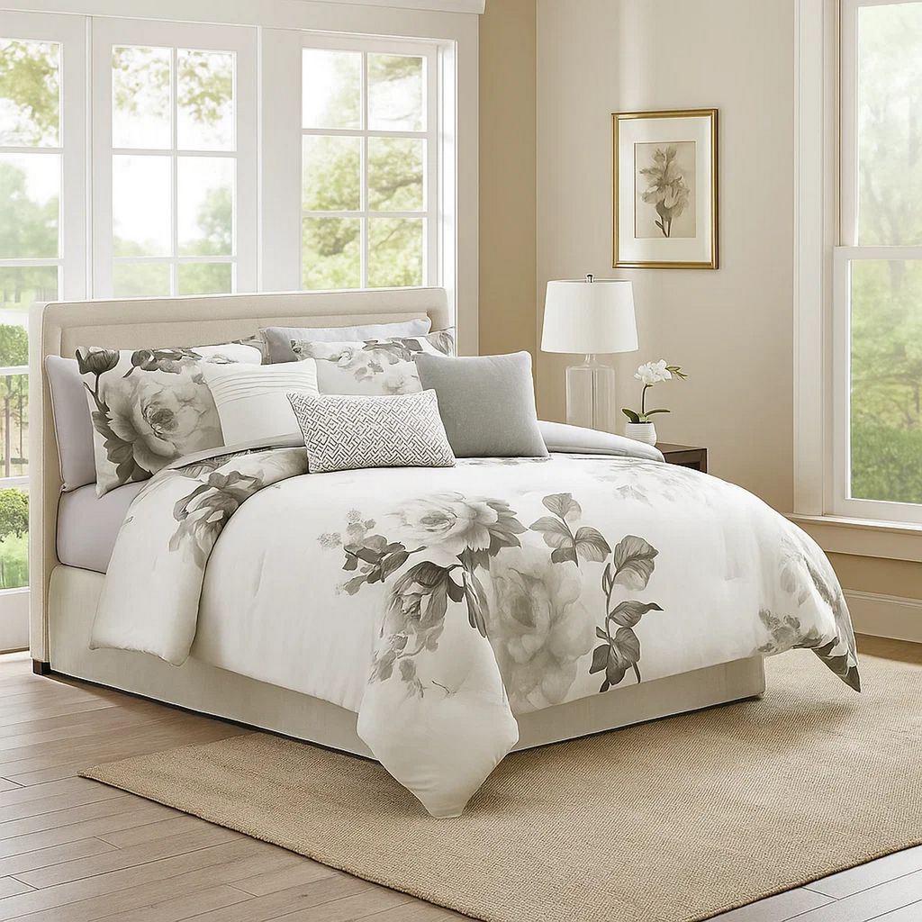 7 Piece Cotton King Comforter Set with Floral Print, Gray and White - View 7
