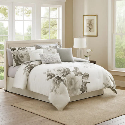 7 Piece Cotton King Comforter Set with Floral Print, Gray and White - View 7