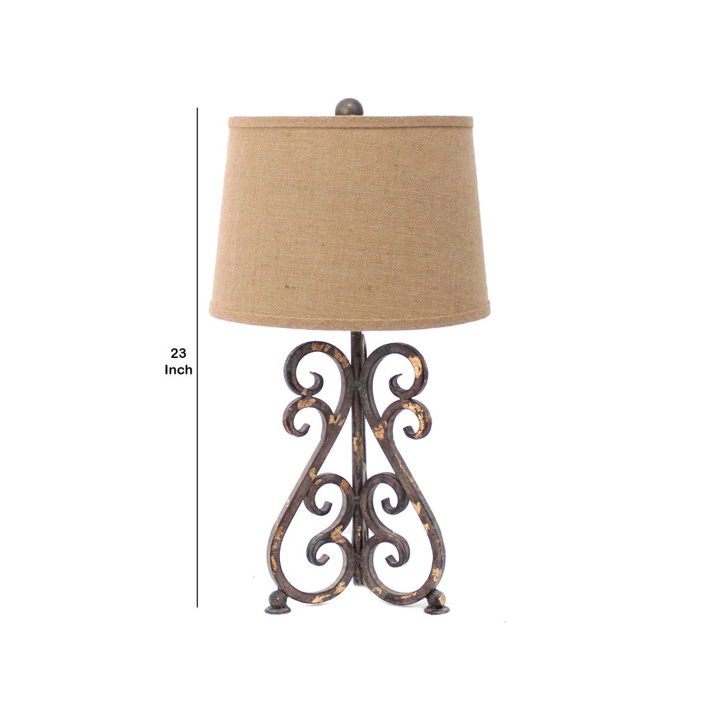 Metal Table Lamp Set of 2 with Scroll Design Base and 2 Way Switch,Bronze and Beige - View 5