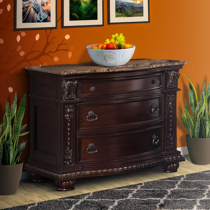 European Style Nightstand with 3 Drawers and Marble Top, Dark Cherry Brown - View 6