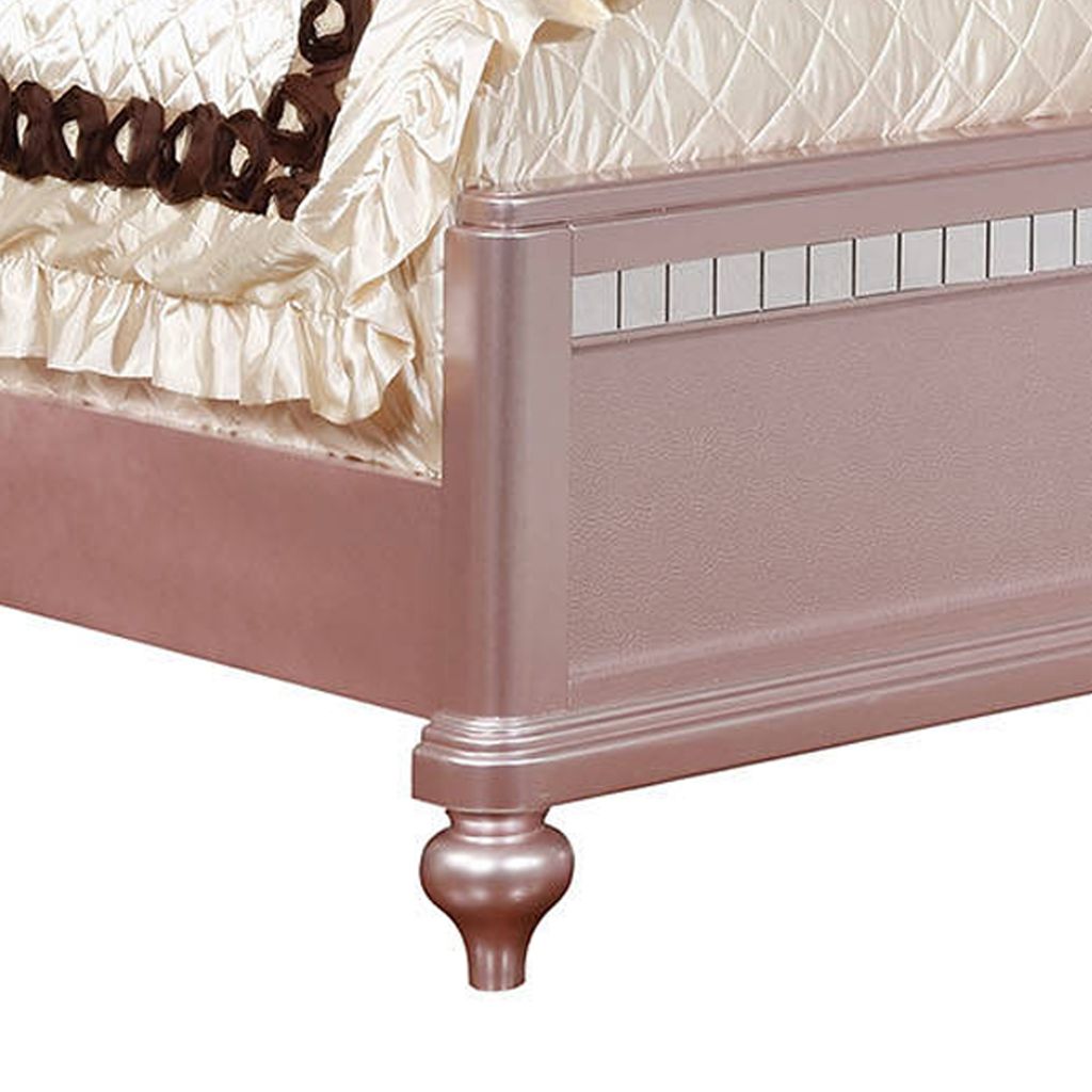 Contemporary Queen Size Wooden Bed With Mirror Trim Details, Pink - View 3