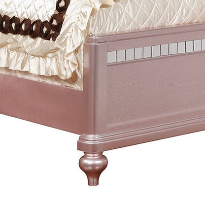 Contemporary Queen Size Wooden Bed With Mirror Trim Details, Pink - View 3