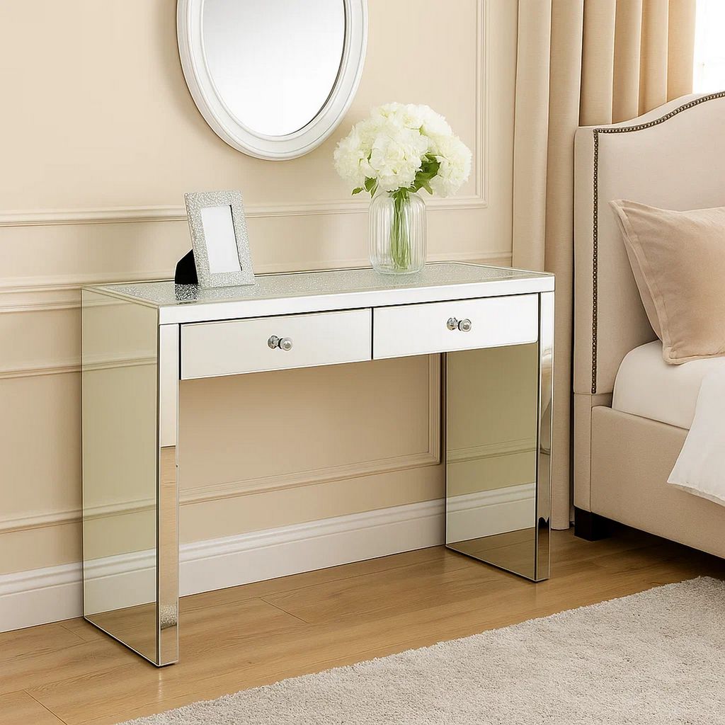Wooden Console Table with 2 Storage Drawers and Faux Diamond Inlay, Silver - View 7