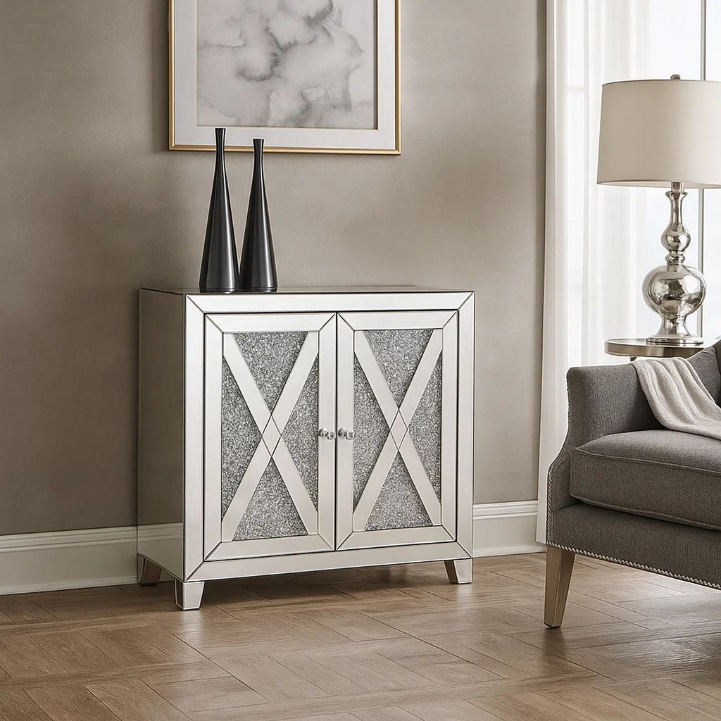 Storage Cabinet with Mirror Trim and X Shape Design, Silver - View 7