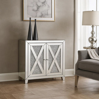 Storage Cabinet with Mirror Trim and X Shape Design, Silver - View 7