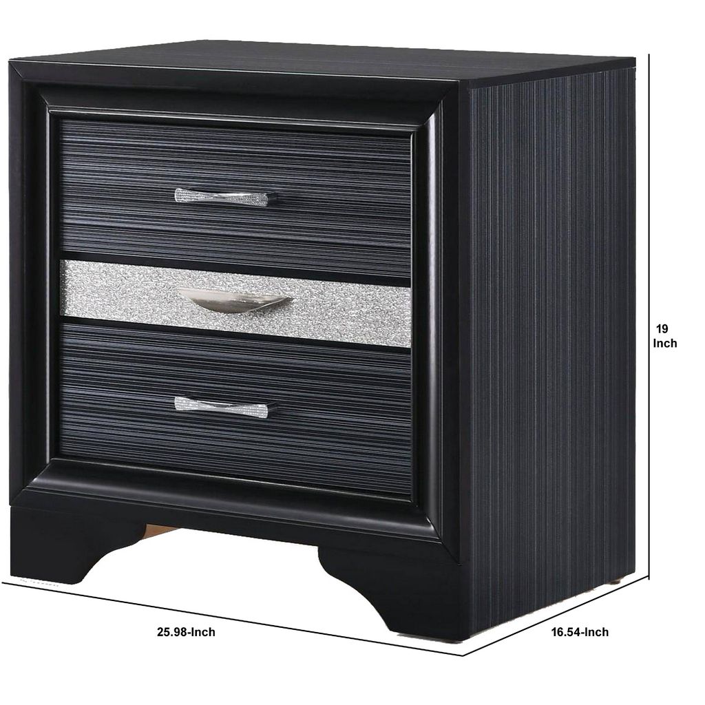 Two Tone Wooden Nightstand With Three Drawers, Black And Silver - View 6