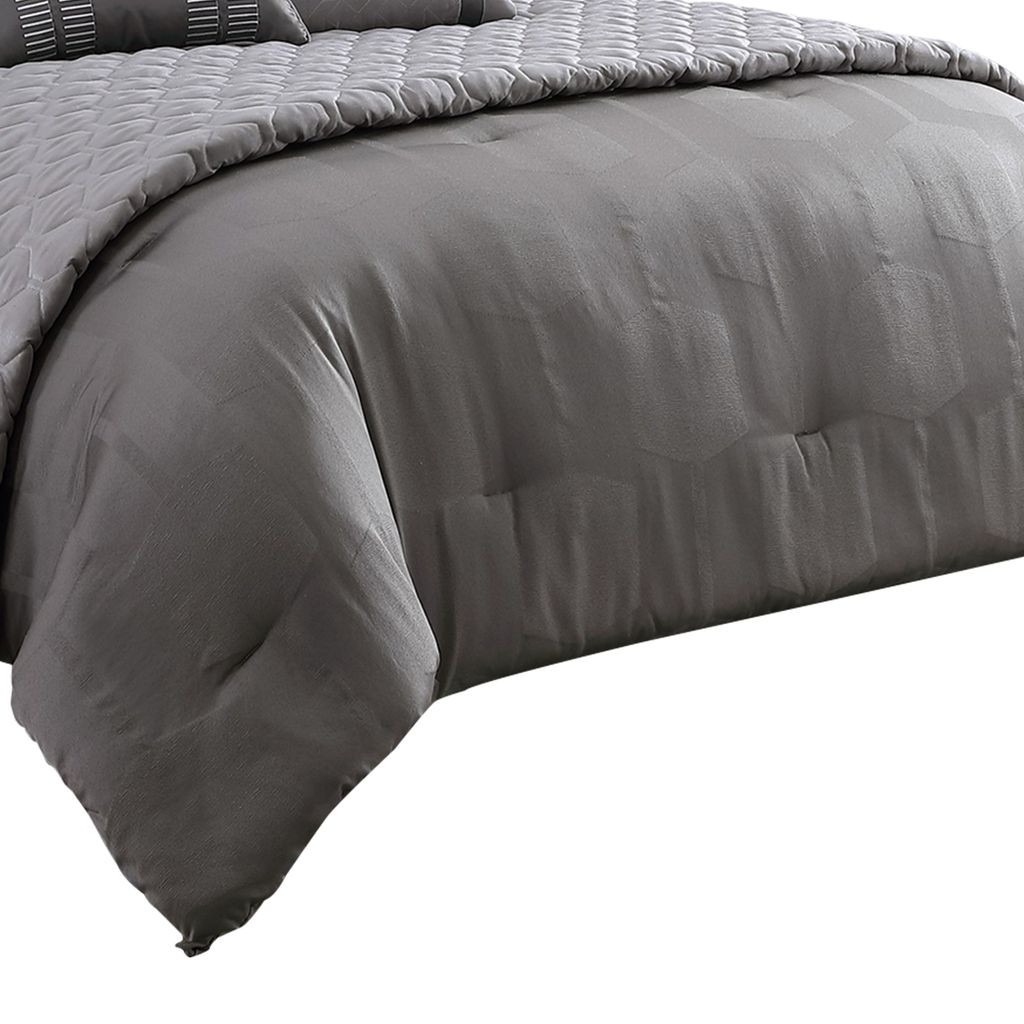 10 Piece Queen Polyester Comforter Set with Geometric Print, Gray - View 2