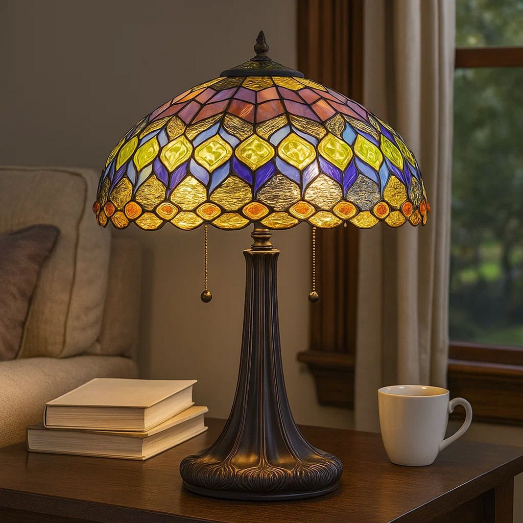 120 Watt Tiffany Table Lamp with Engraved Base, Multicolor - View 7