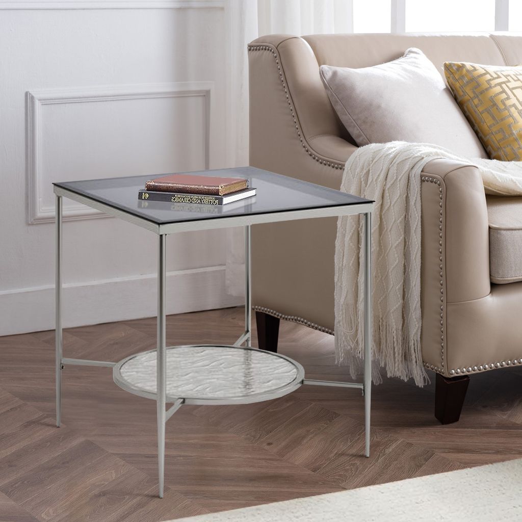 End Table with Textured Round Shelf, Silver - View 7