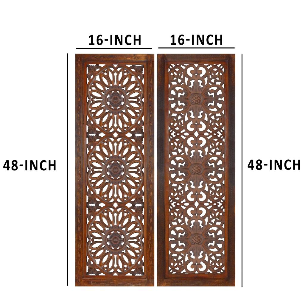 Set of 2 Hand Carved Mango Wood Wall Panels: Burnt Brown Medallion Design - View 5