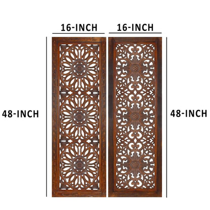 Set of 2 Hand Carved Mango Wood Wall Panels: Burnt Brown Medallion Design - View 5