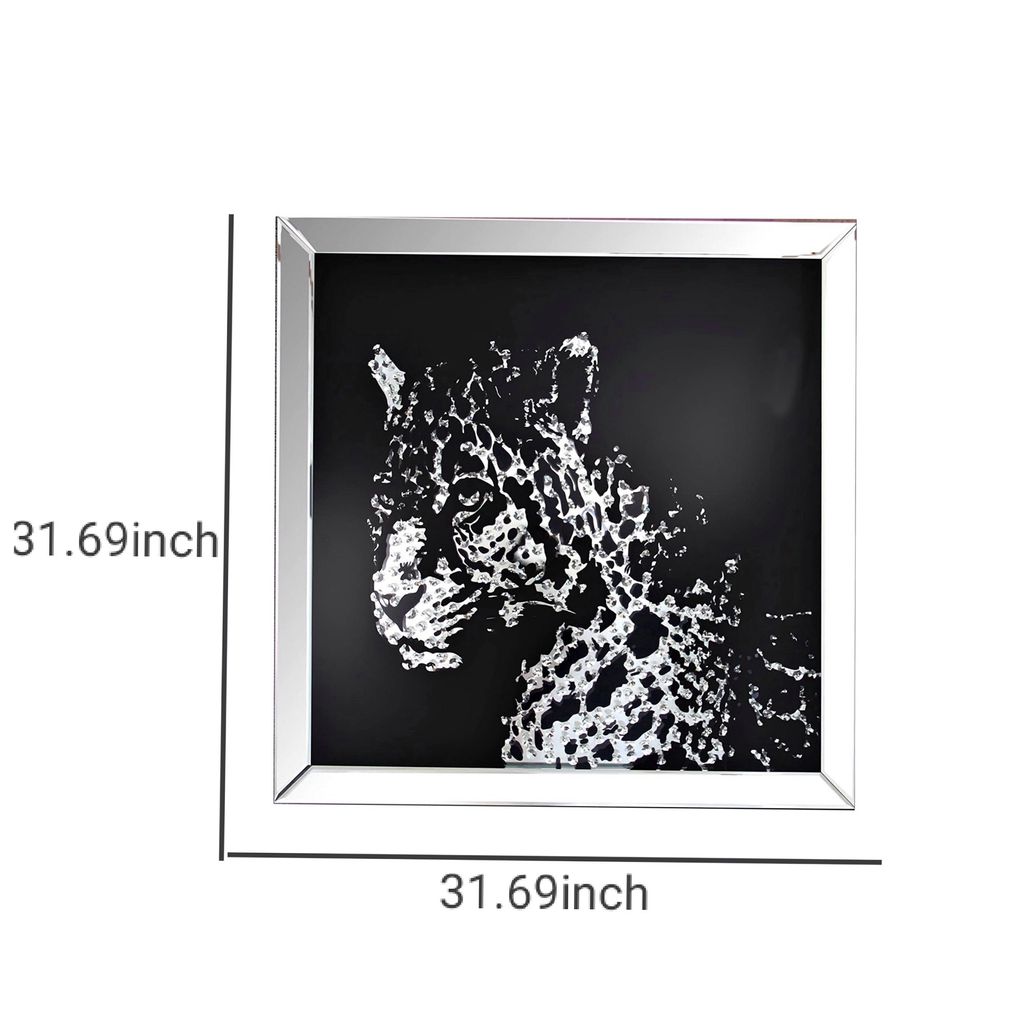 Square Shape Mirror framed Leopard Wall Decor With Crystal Inlays, Black & Silver - View 5