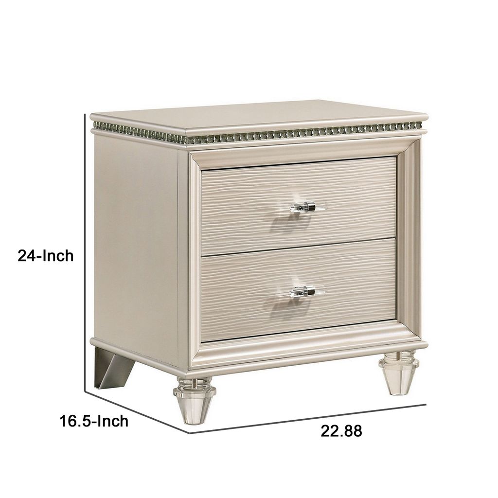 Nightstand with Textured 2 Drawers and Acrylic Legs, Pearl White - View 6