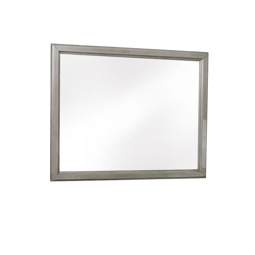 Wooden Square Mirror with Molded Details and Dual Texture, Gray - View 2