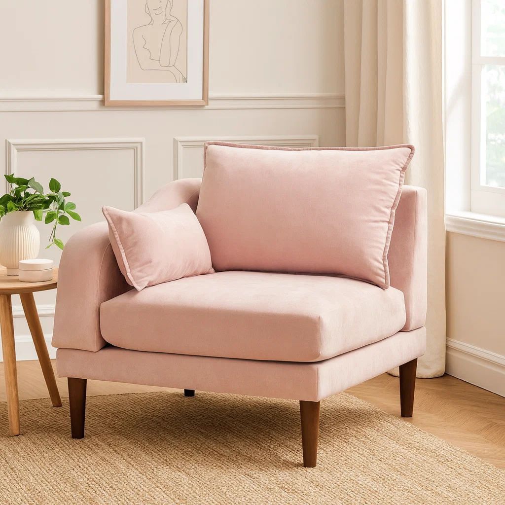 Rio 33 Inch Modular Single Arm Corner Chair, 2 Lumbar Cushions, Blush Pink - View 7