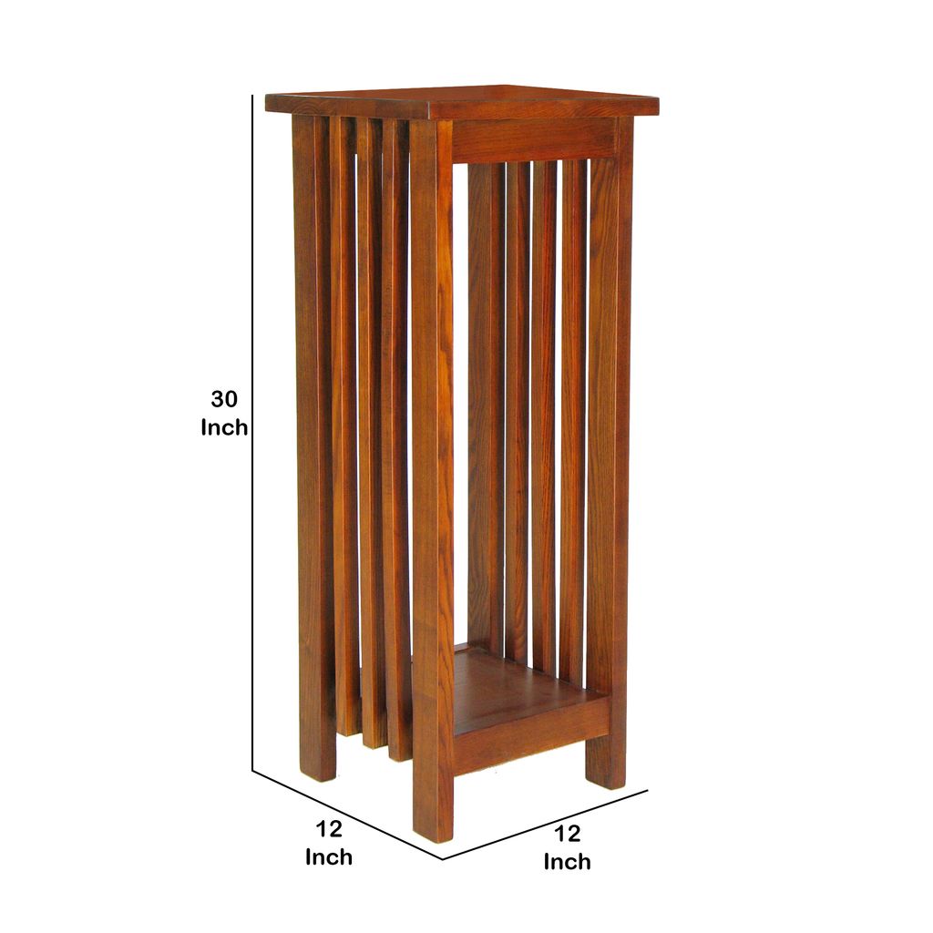30 Inch Wooden Flower Stand with Bottom Shelf and Slatted Sides, Brown - View 5