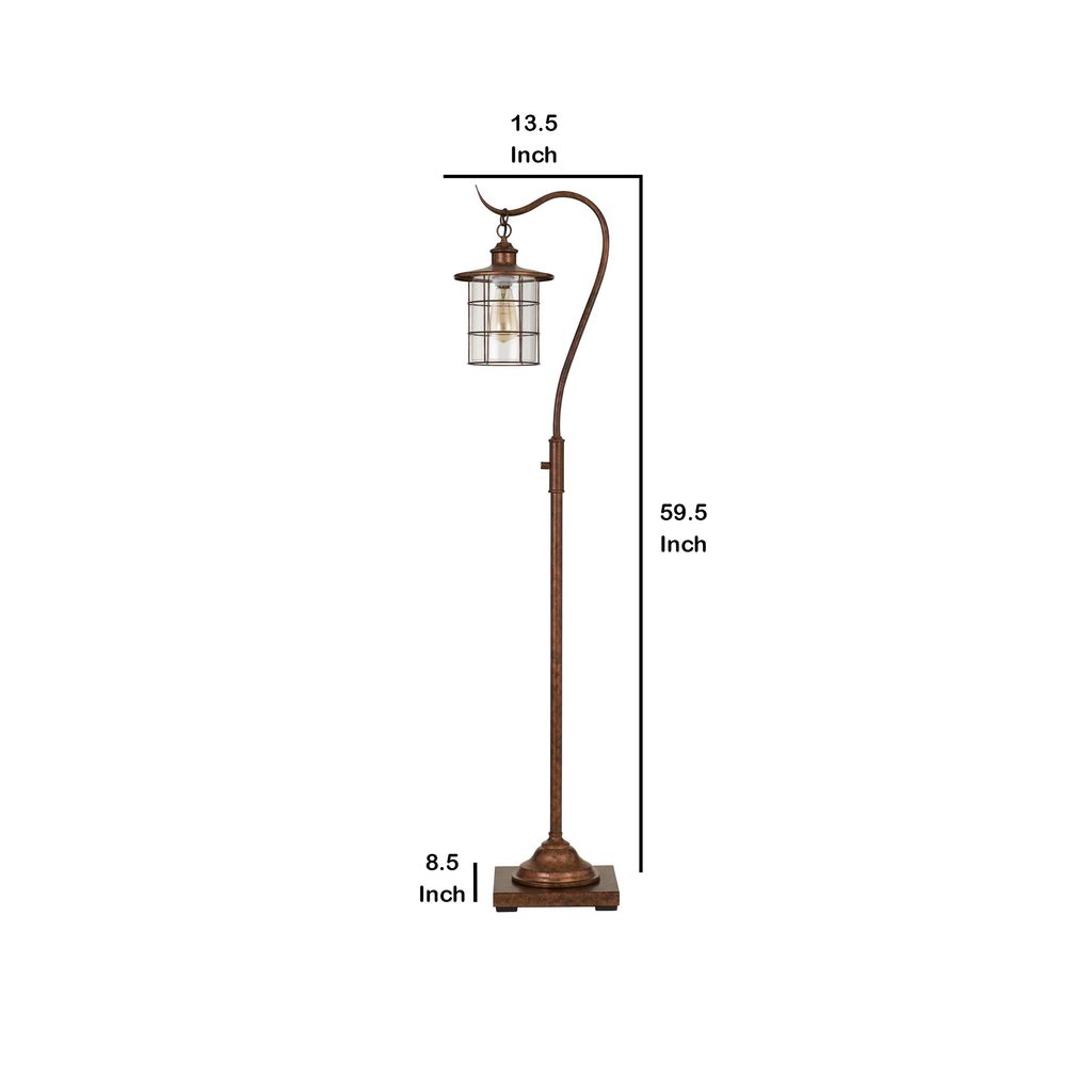 60 Inch Metal Downbridge Design Floor Lamp with Caged Shade, Rustic Bronze - View 6